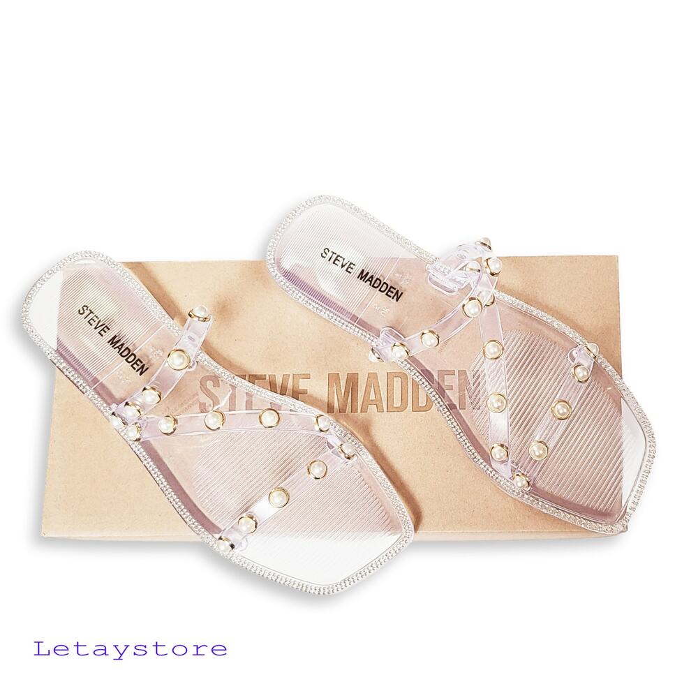 NWT Steve Madden Women's Studded Pearl Embellished Slide-On Flat Sandals - Picture 6 of 7